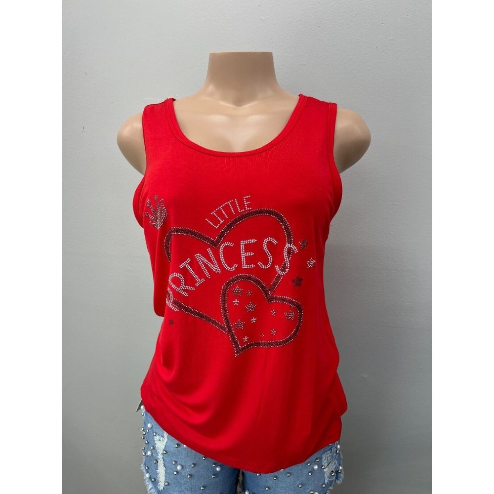 WOMEN Tank Top Shirt Sleeveless Yoga Top Rhinestone Little Princess Red S/M
